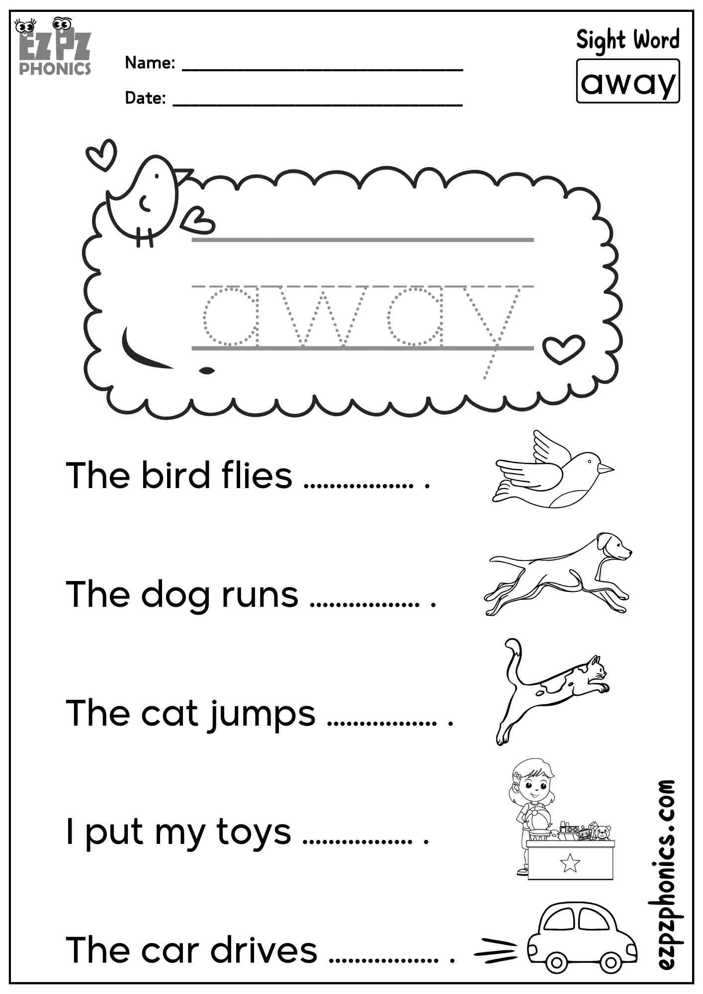 The Word “Away” - Dolch Pre-Kindergarten Sight Words Sentences Worksheet – Free PDF Download For Members